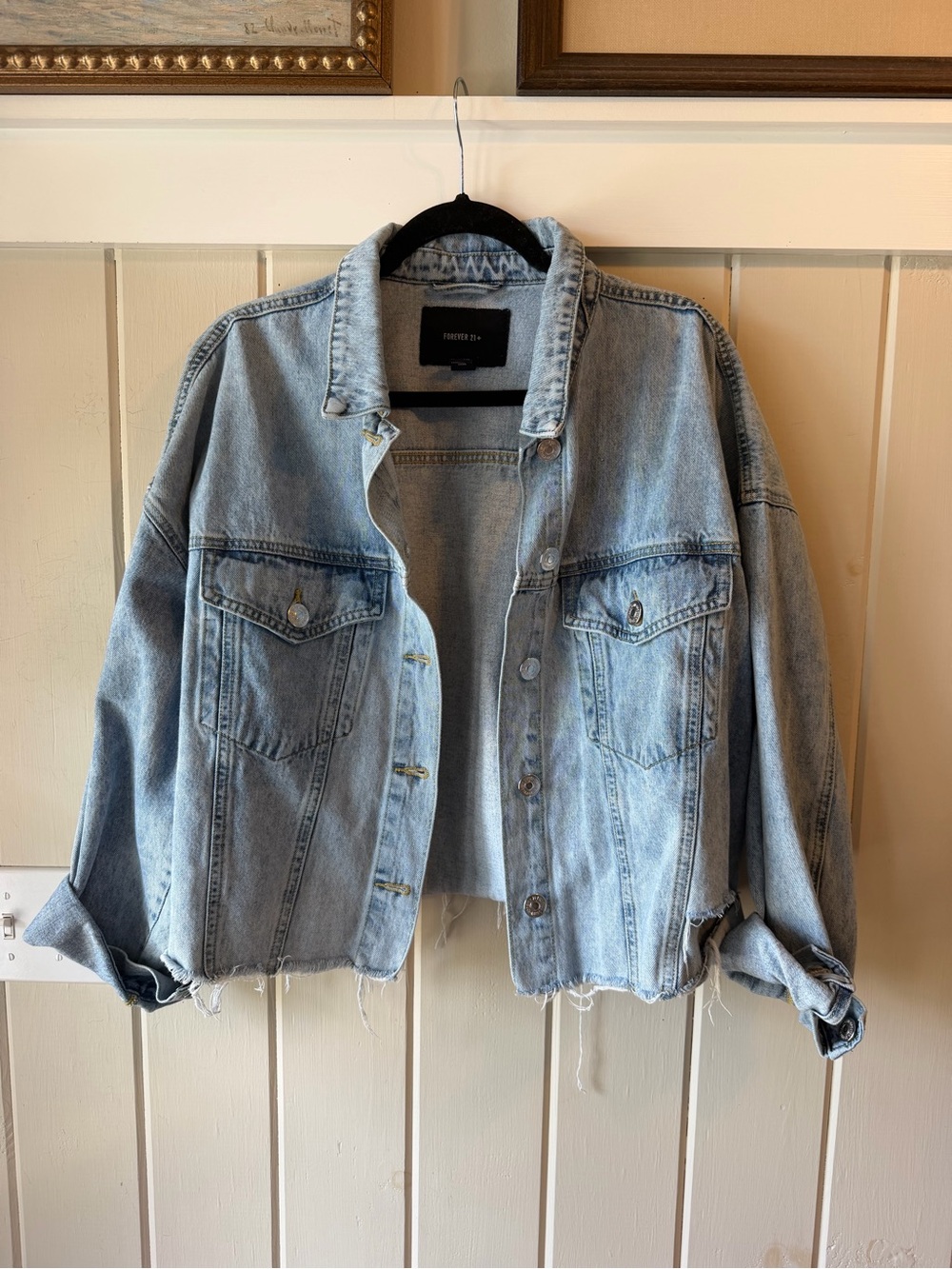 Forever 21 Light Washed Denim Cropped Distressed Jacket, Size 2X
